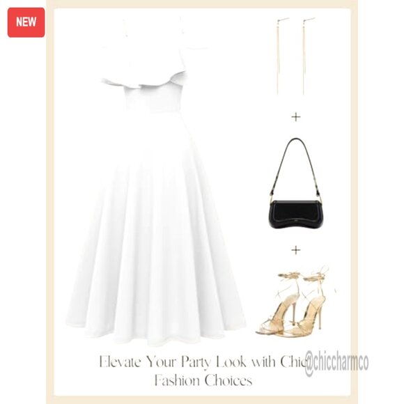 Off Shoulder A-Line Midi Dress, Formal Wedding Guest Cocktail Party - Picture 5 of 7